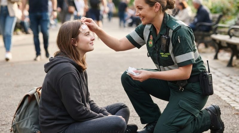 A paramedic offering first aid support after a head injury