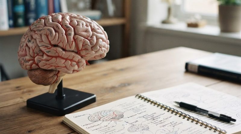 An anatomical brain model next to a notebook