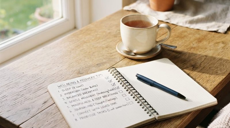 A notebook with a recovery checklist and a cup of tea