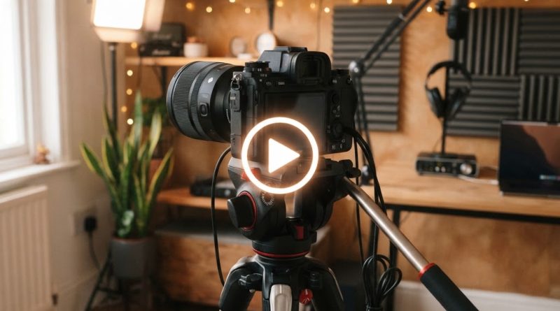 A video camera set up in a home studio